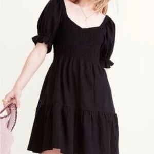 Madewell Black Linen-Blend Lucie Short Puff Sleeve Smocked Mini Dress Medium